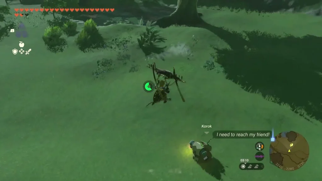 Exhausted Korok on a grassy road north of Hateno Village with a seed marker Exhausted Korok on a grassy road north of Hateno Village with a seed marker