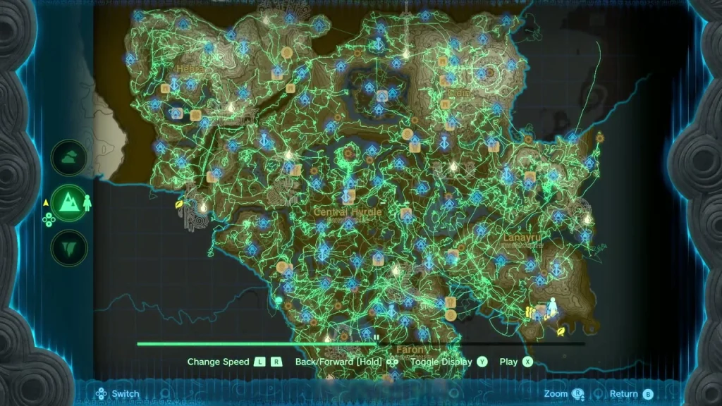 Hero's Path trails covering the Hyrule map Hero's Path trails covering the Hyrule map