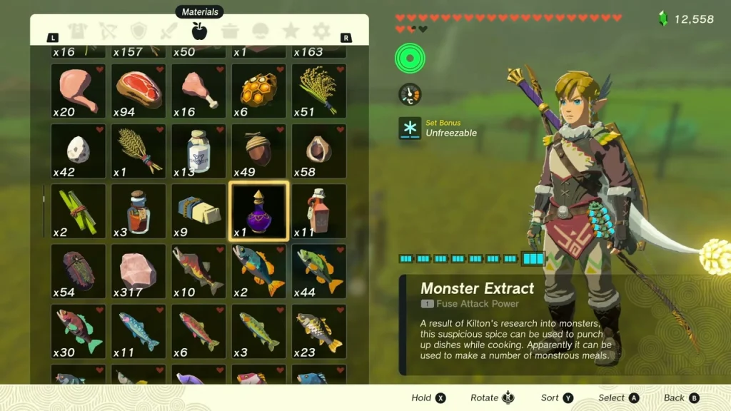 Monster Extract highlighted among materials in the inventory Monster Extract highlighted among materials in the inventory