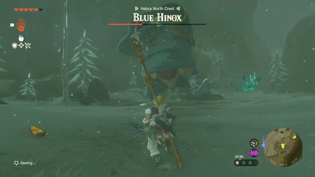 Blue Hinox with its health bar among snowy pines Blue Hinox with its health bar among snowy pines