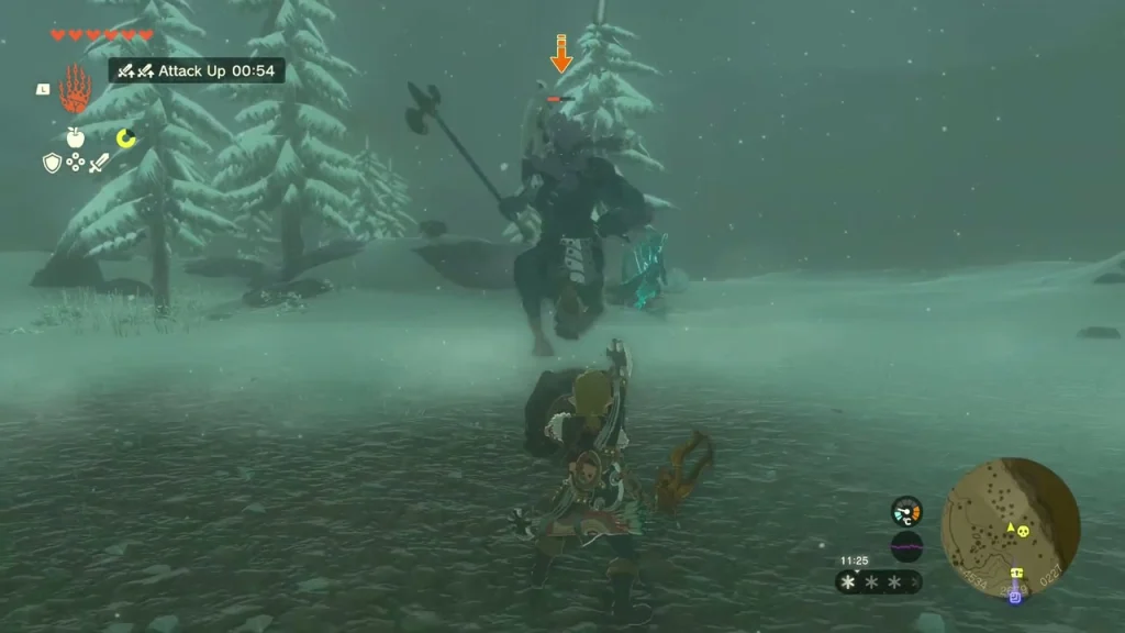Blue-Maned Lynel charging across a snowy ridge with a halberd Blue-Maned Lynel charging across a snowy ridge with a halberd
