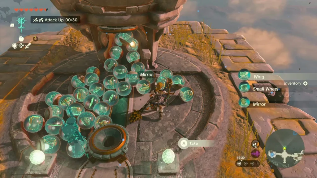 Zonai dispenser filled with orbs holding a Wing, Small Wheel and Mirror Zonai dispenser filled with orbs holding a Wing, Small Wheel and Mirror