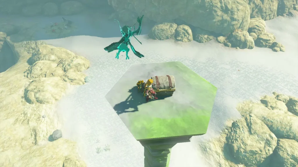 Chest on a floating green hexagonal platform above rocky terrain Chest on a floating green hexagonal platform above rocky terrain