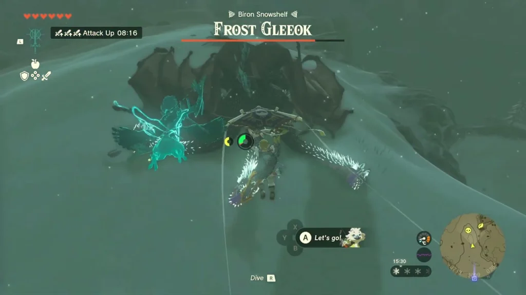 Frost Gleeok sprawled on the snow under its health bar Frost Gleeok sprawled on the snow under its health bar