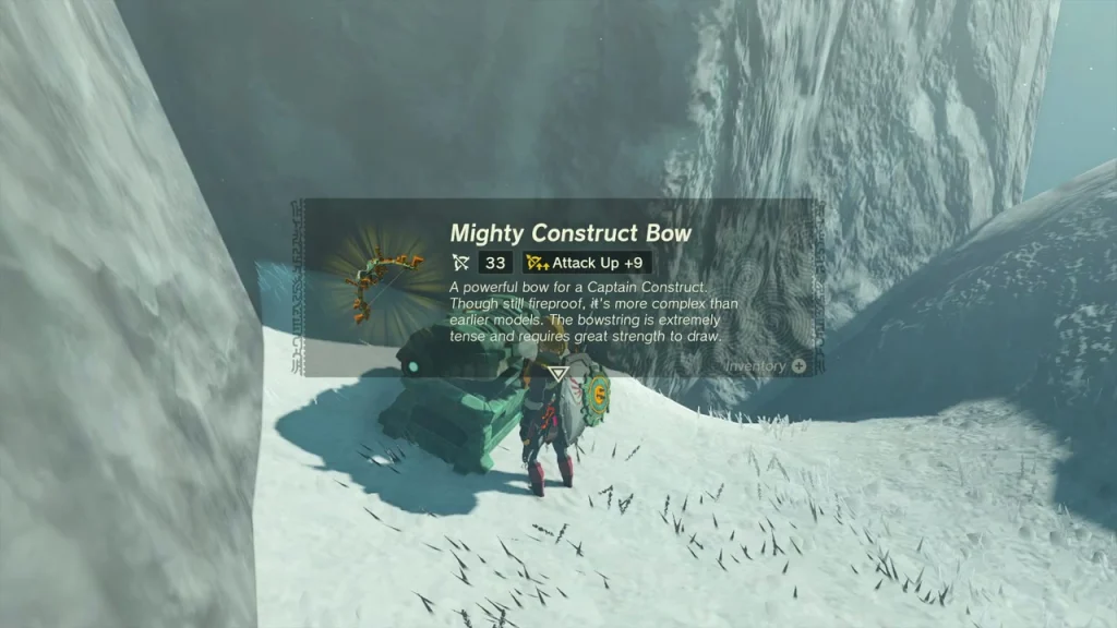 Mighty Construct Bow item box beside a chest on a snowy cliff Mighty Construct Bow item box beside a chest on a snowy cliff