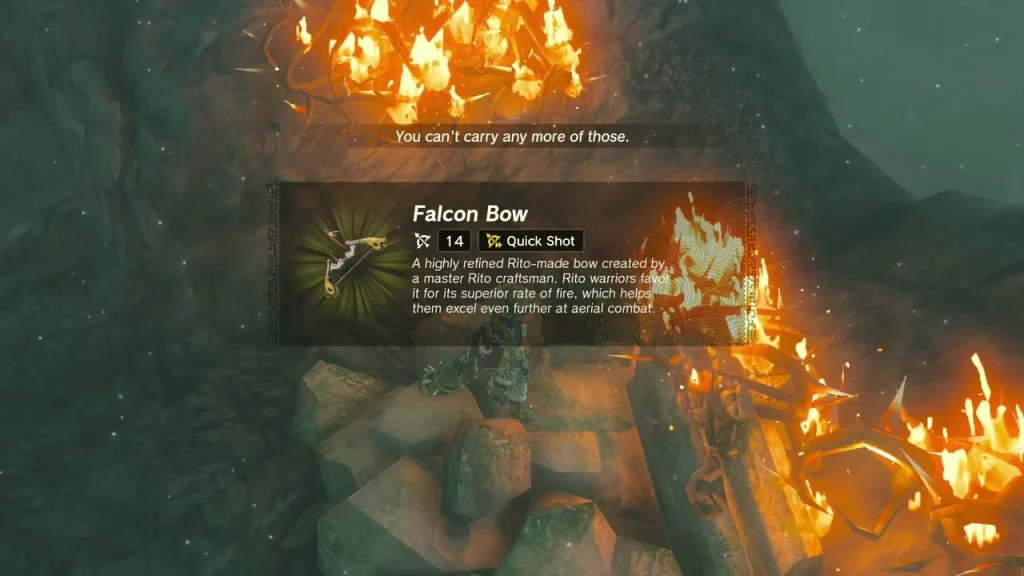 Falcon Bow item box over the burning wood pile Falcon Bow item box over the burning wood pile