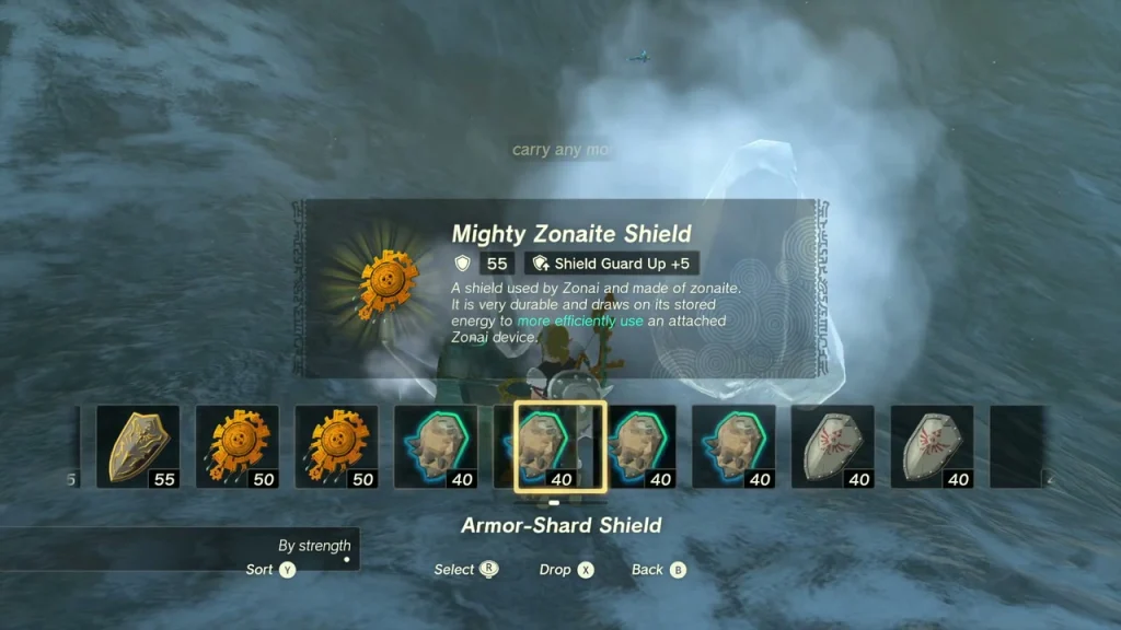 Mighty Zonaite Shield item box over a chest in the snow Mighty Zonaite Shield item box over a chest in the snow