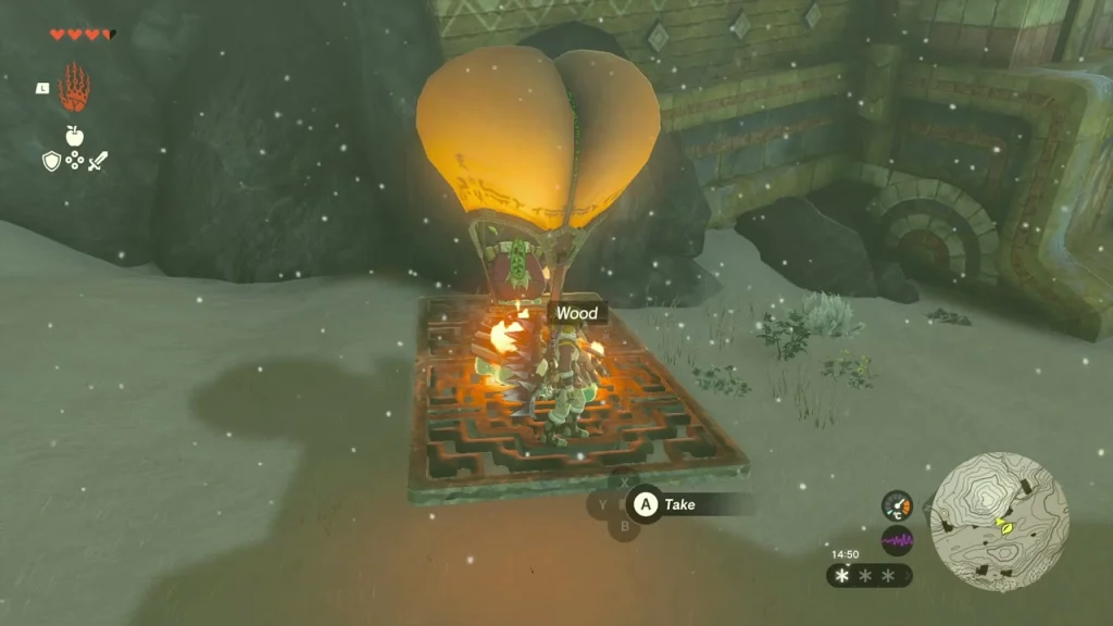 Wooden board balloon lit by a campfire beside a Korok on a cliff Wooden board balloon lit by a campfire beside a Korok on a cliff
