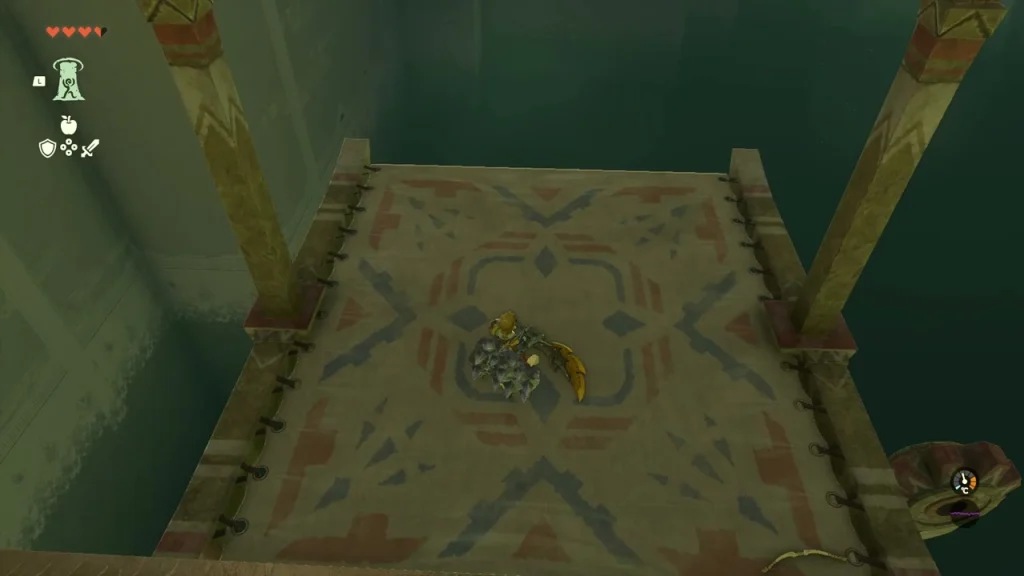 Patterned ship sail used as a bounce pad inside Mayaumekis Shrine Patterned ship sail used as a bounce pad inside Mayaumekis Shrine