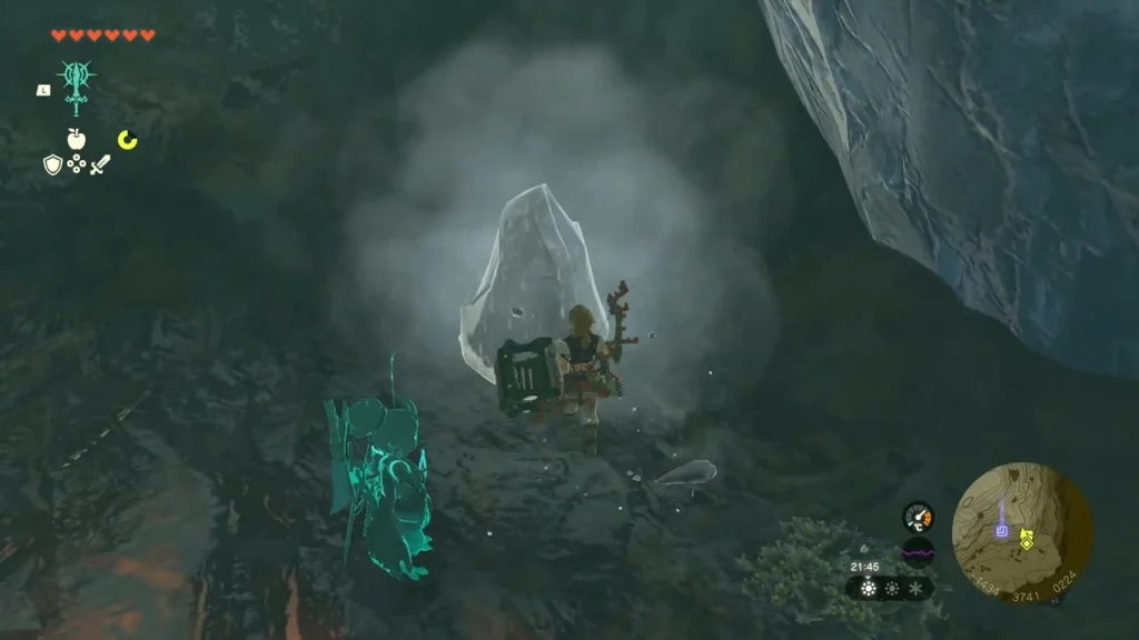 Steaming ice block beside a chest inside the cave Steaming ice block beside a chest inside the cave