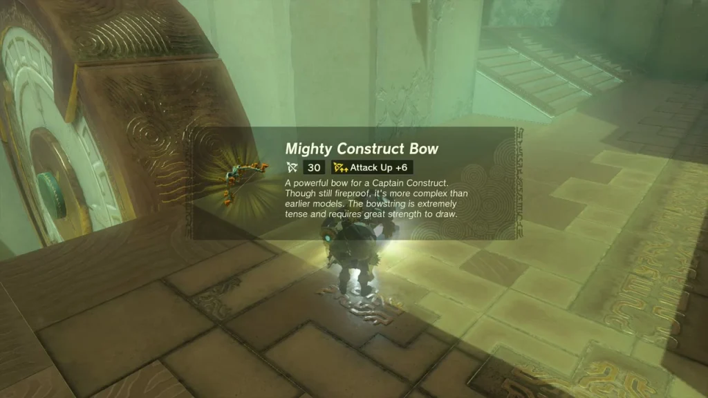 Mighty Construct Bow item box beside a spinning wheel Mighty Construct Bow item box beside a spinning wheel