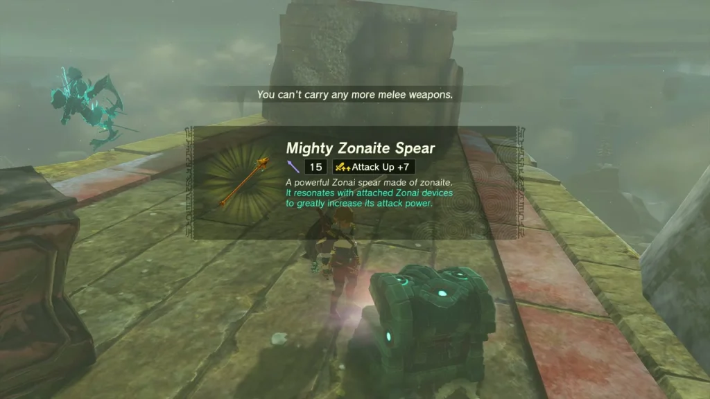 Mighty Zonaite Spear item box over a chest on a Zonai ruin Mighty Zonaite Spear item box over a chest on a Zonai ruin