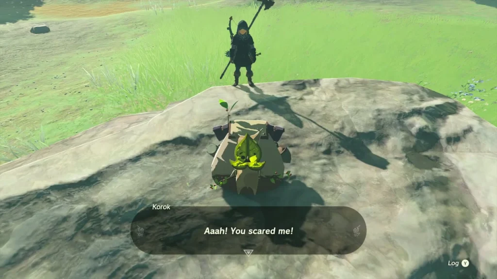 Korok with a huge backpack sitting on a boulder in the grass beside the moat Korok with a huge backpack sitting on a boulder in the grass beside the moat