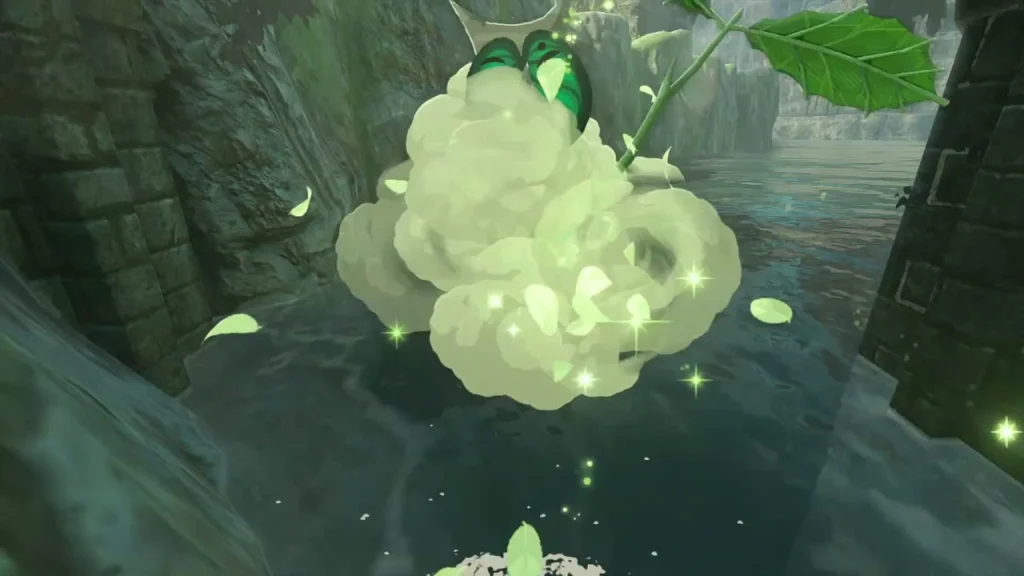 Korok bursting out in a puff of leaves over the water under the bridge Korok bursting out in a puff of leaves over the water under the bridge