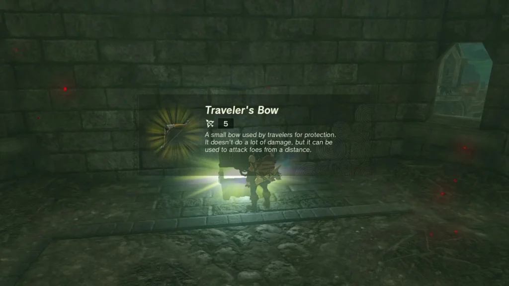 Traveler's Bow item box over the open chest in the stone room Traveler's Bow item box over the open chest in the stone room