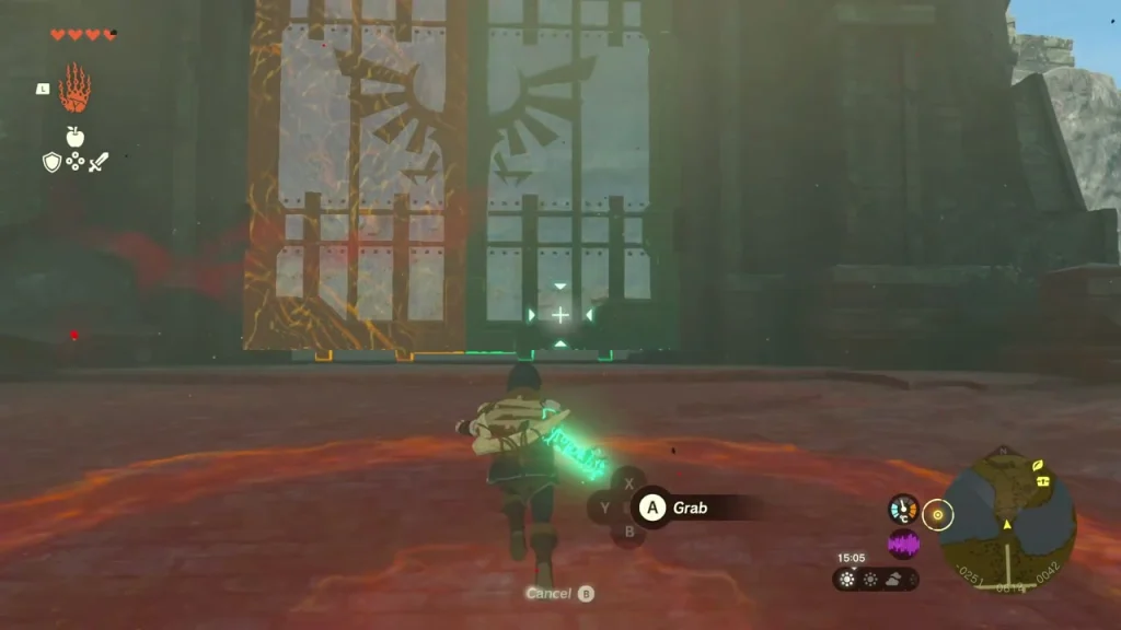 Castle portcullis lifted with Ultrahand, its grid glowing green Castle portcullis lifted with Ultrahand, its grid glowing green