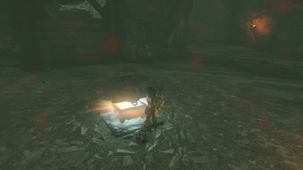Hylian Shield item box with a golden glow over the chamber Hylian Shield item box with a golden glow over the chamber