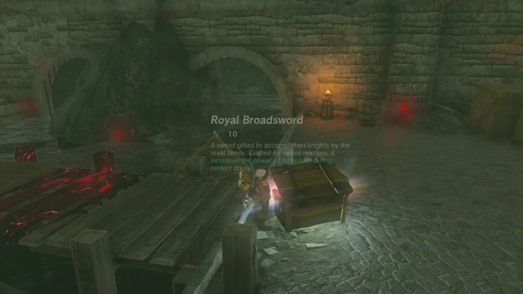 Royal Broadsword item box over the open chest in the cellar room Royal Broadsword item box over the open chest in the cellar room