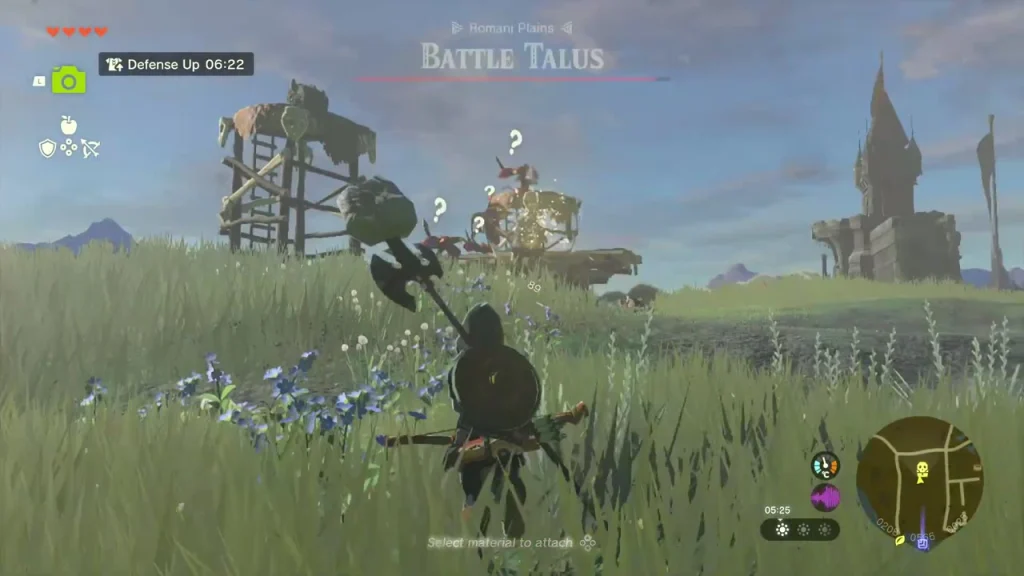 Battle Talus with a Bokoblin tower on its back striding across the Romani Plains Battle Talus with a Bokoblin tower on its back striding across the Romani Plains
