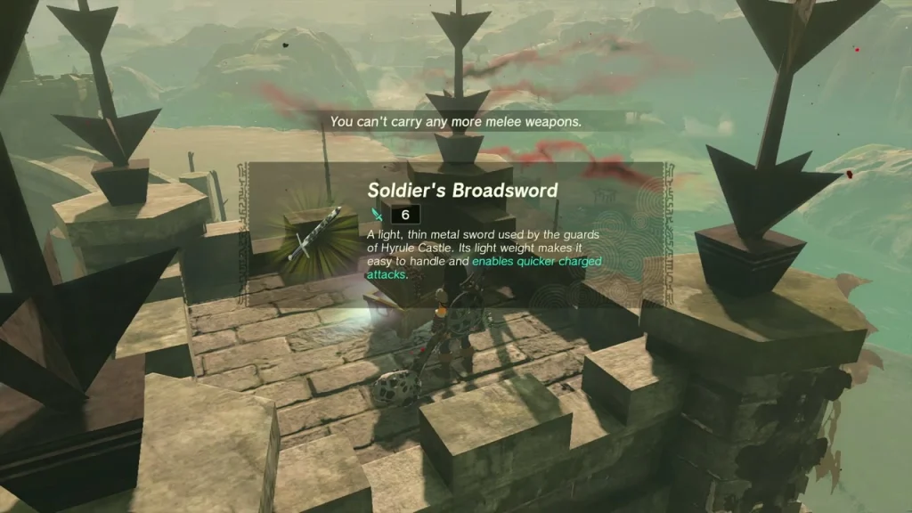 Soldier's Broadsword item box over the chest on the spiked tower top Soldier's Broadsword item box over the chest on the spiked tower top