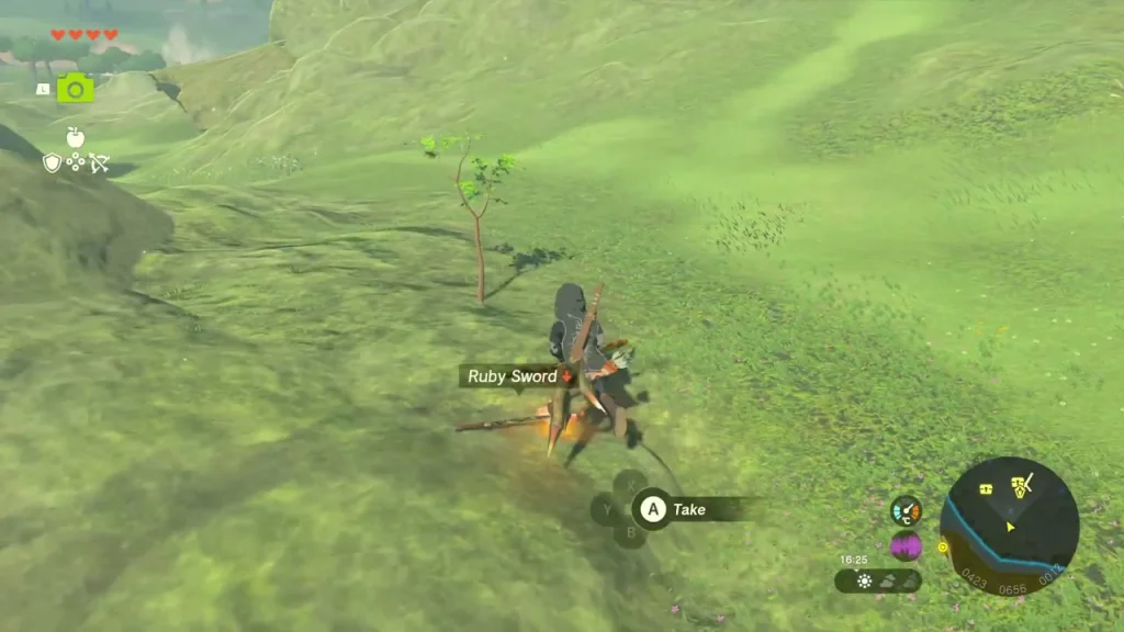 Ruby Sword dropped on the grass by the defeated Wizzrobe Ruby Sword dropped on the grass by the defeated Wizzrobe