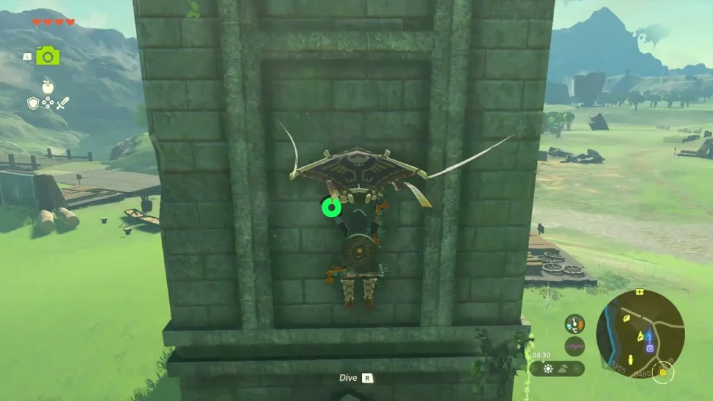 Face of the tall ruined stone tower beside the shrine being climbed Face of the tall ruined stone tower beside the shrine being climbed