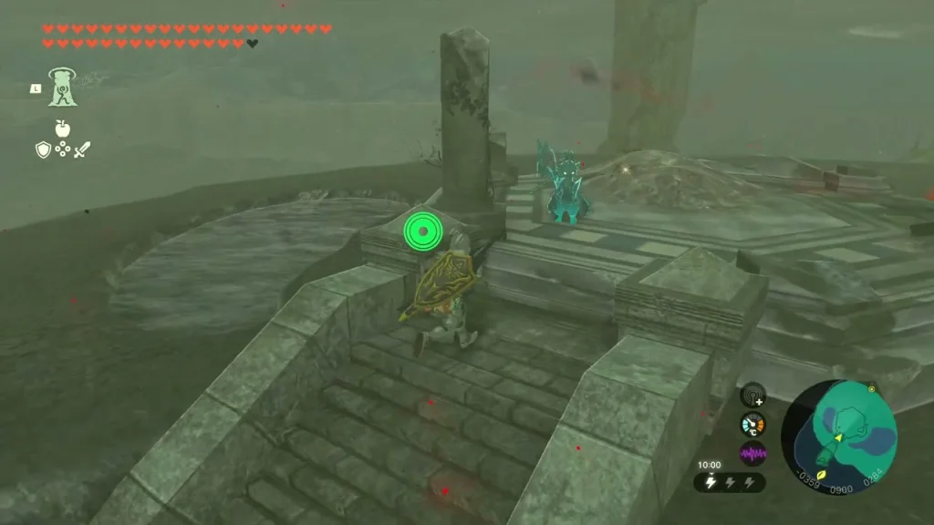 Stone stairs and ledge near a leaf-shaped Korok marker Stone stairs and ledge near a leaf-shaped Korok marker