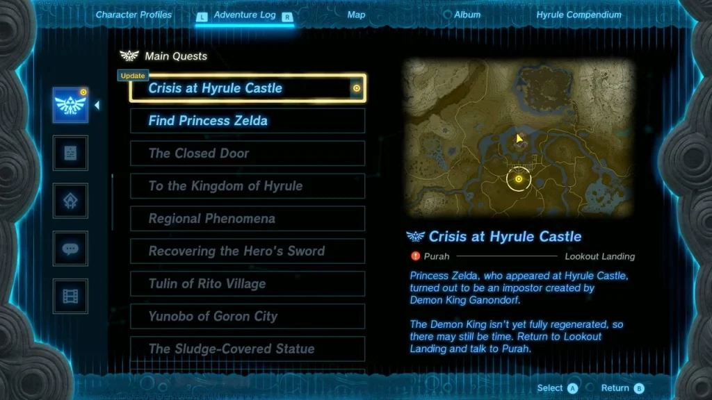 Crisis at Hyrule Castle quest entry sending you to Purah Crisis at Hyrule Castle quest entry sending you to Purah