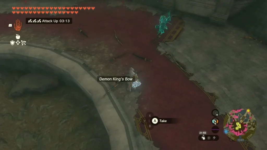 Demon King's Bow lying in the red-carpeted arena Demon King's Bow lying in the red-carpeted arena