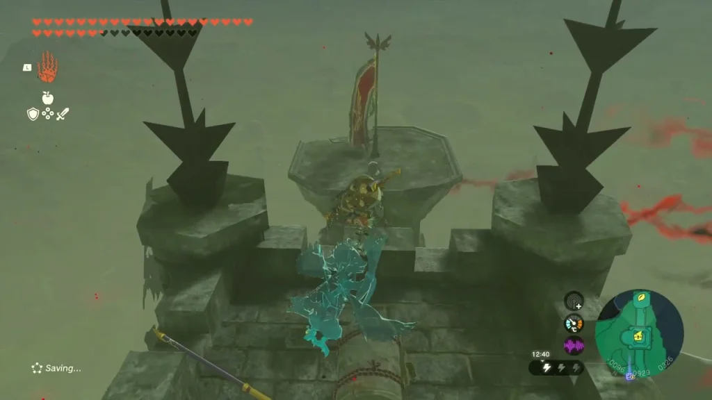 Stone pedestal on the battlement with a red banner pole Stone pedestal on the battlement with a red banner pole