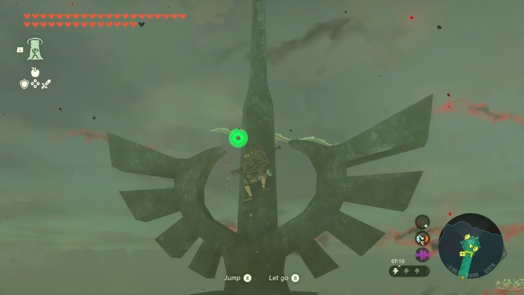 Narrow tower with a hylian crest and a ledge above Narrow tower with a hylian crest and a ledge above