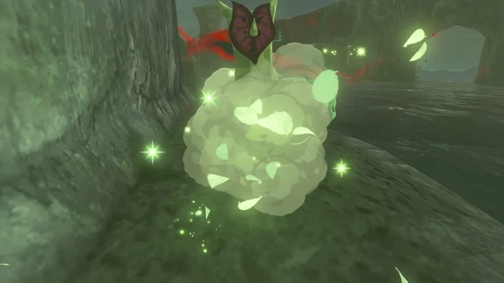 Korok emerging from a leafy puff on a rampart Korok emerging from a leafy puff on a rampart