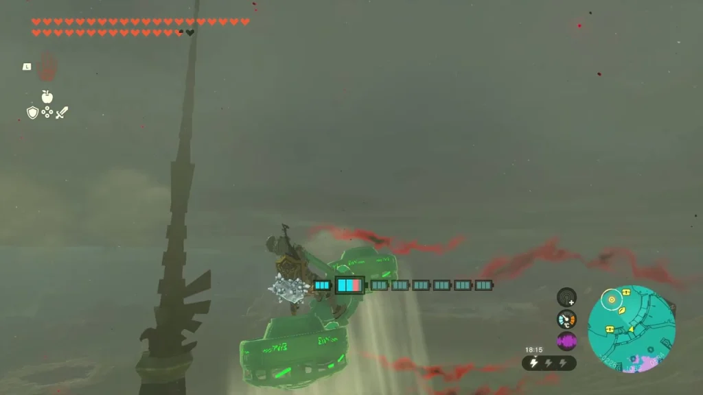 Zonai fan platform climbing beside a tall black spire Zonai fan platform climbing beside a tall black spire
