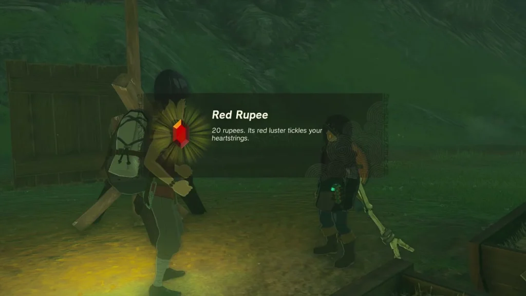 Red Rupee item card beside Addison and the standing signboard Red Rupee item card beside Addison and the standing signboard