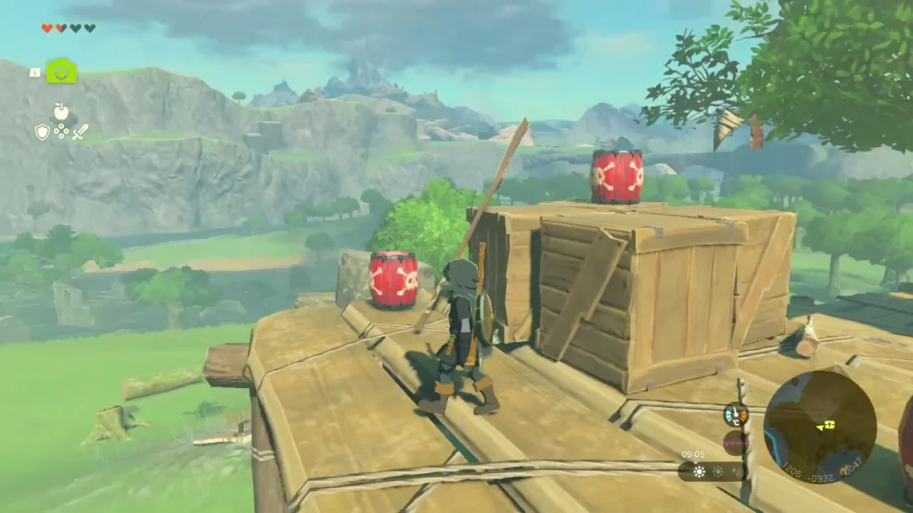 Bokoblin lookout of planks, crates and red skull barrels on a grassy knoll Bokoblin lookout of planks, crates and red skull barrels on a grassy knoll
