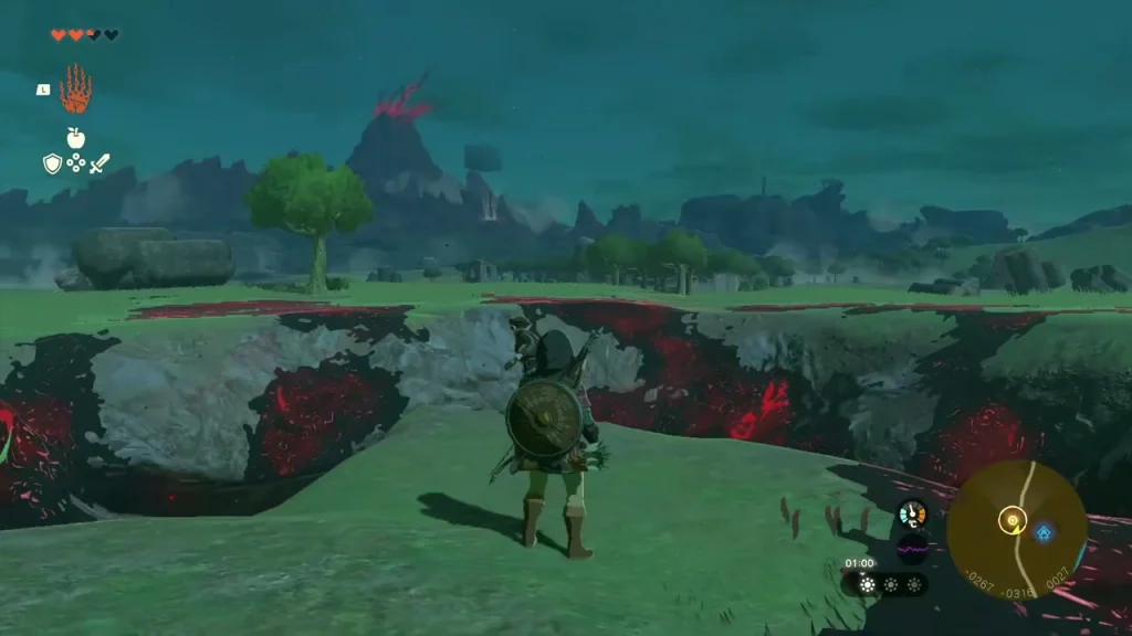 Hyrule Field Chasm, a pit in the grass rimmed with red gloom Hyrule Field Chasm, a pit in the grass rimmed with red gloom