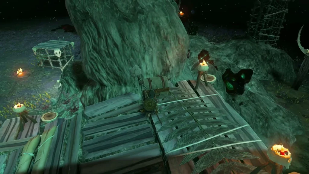 Wooden walkway of a scaffolded outpost built against a big rock in the Depths Wooden walkway of a scaffolded outpost built against a big rock in the Depths