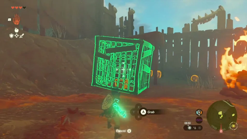 Wooden cage highlighted green as it is lifted off a chest with Ultrahand Wooden cage highlighted green as it is lifted off a chest with Ultrahand