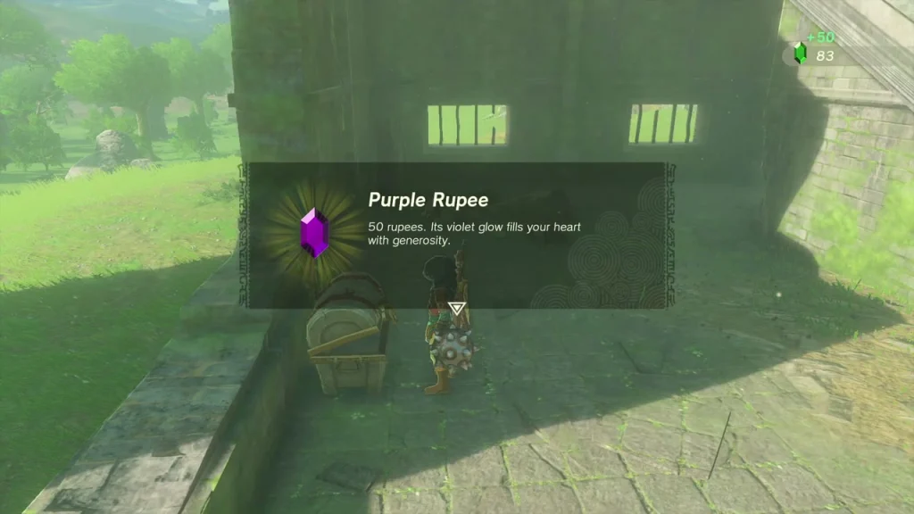 Purple Rupee item card beside the opened chest at the ruined building Purple Rupee item card beside the opened chest at the ruined building