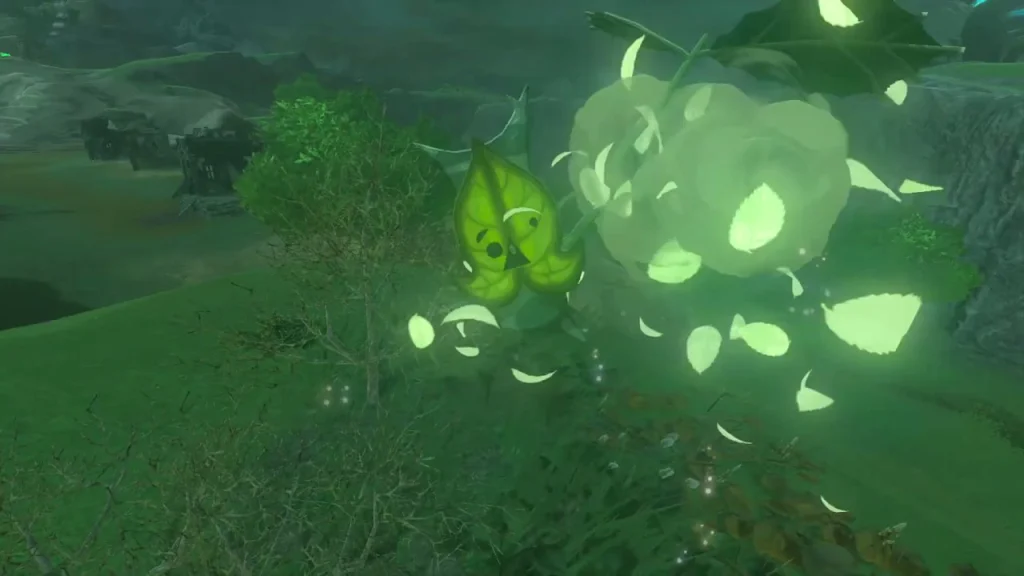 Puff of leaves where the Korok appears under a small tree on the cliff top Puff of leaves where the Korok appears under a small tree on the cliff top