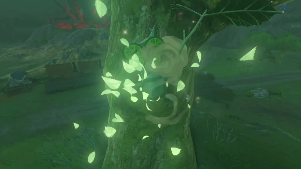Burst of leaves from the tree trunk as the Korok appears Burst of leaves from the tree trunk as the Korok appears