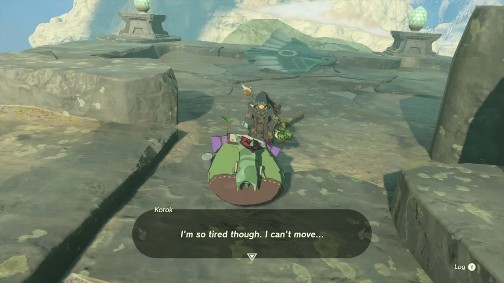 Two Koroks reunited by a yellow tent after the carry, rewarding a seed Two Koroks reunited by a yellow tent after the carry, rewarding a seed