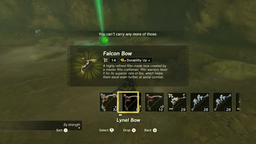 Falcon Bow shown after opening a chest in Gisa Crater Cave Falcon Bow shown after opening a chest in Gisa Crater Cave