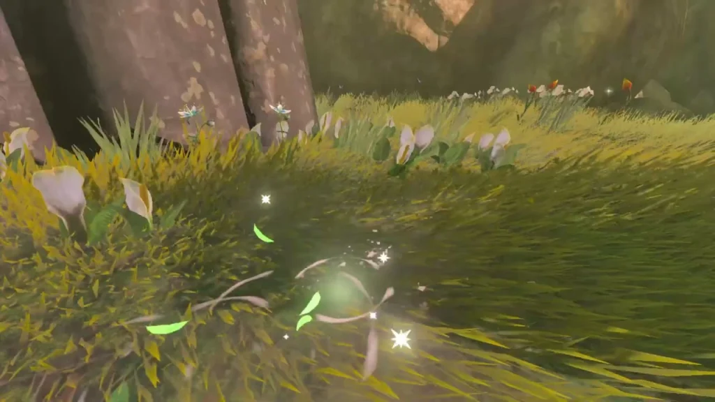 Korok leaf poking out of tall grass and white flowers at the foot of a pillar Korok leaf poking out of tall grass and white flowers at the foot of a pillar