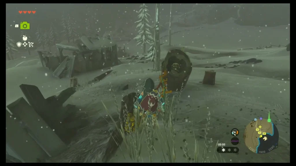 Korok with a red leaf among glowing petals near the ruined walls Korok with a red leaf among glowing petals near the ruined walls