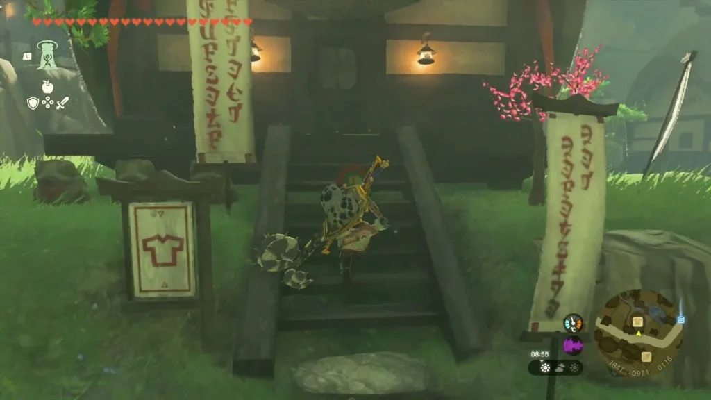 Armor shop stairs with the shirt sign and red hanging banner
