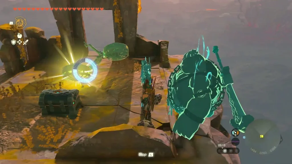 Glowing chest on a stone platform guarded by two Zonai Constructs high in the sky
