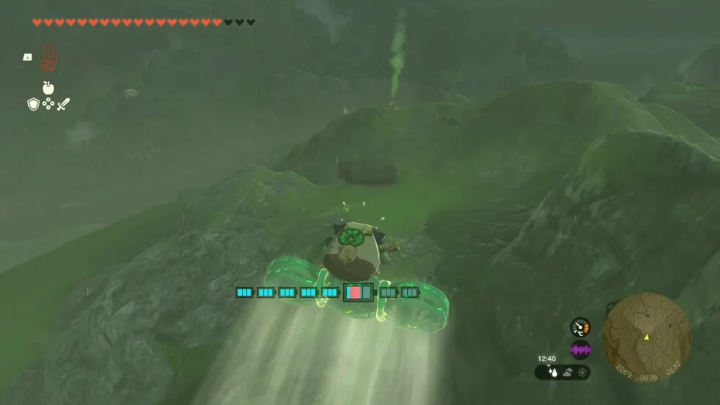 Fan-powered Zonai glider carrying the Korok over the hillside