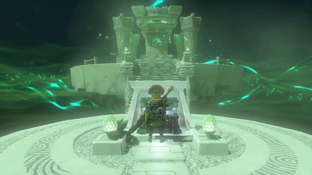 Shrine of Light chamber with two lamp pedestals and a stair to the altar on a sky island