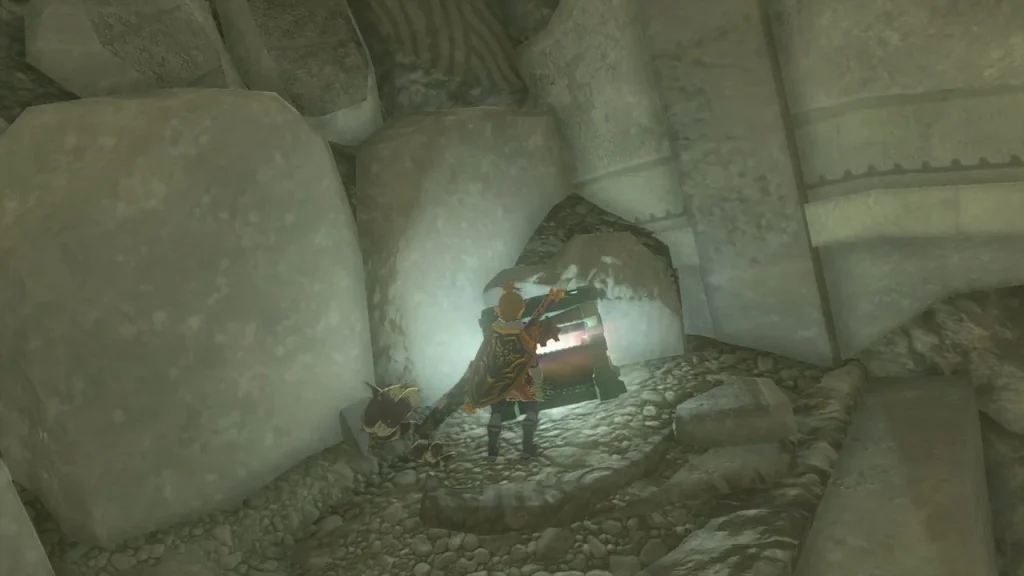 Chest opening in a bright stone chamber at the Ring Ruins